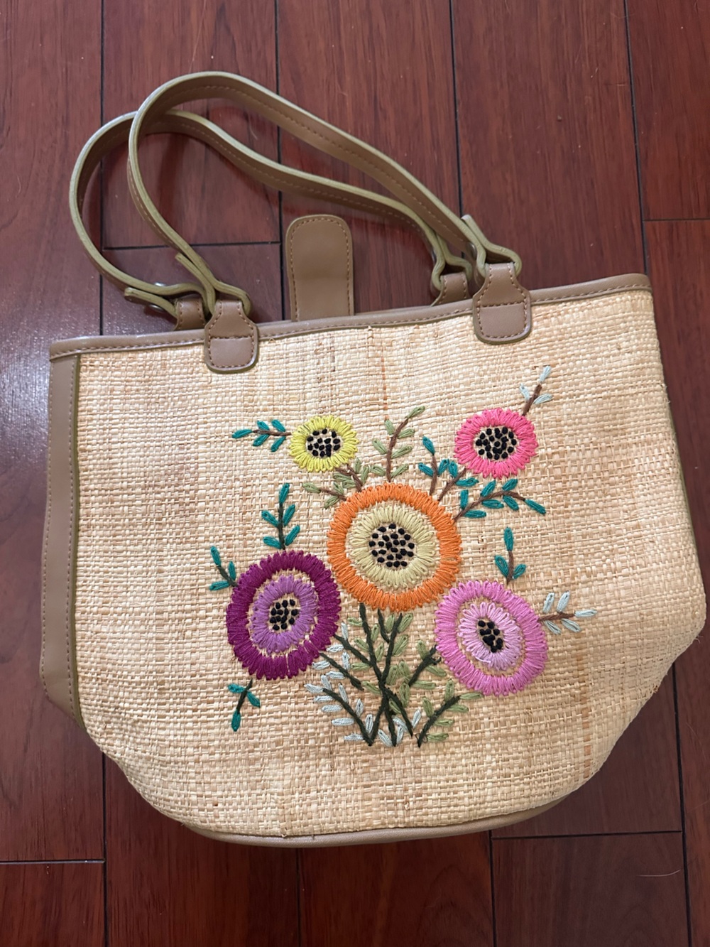 Fossil Natural Straw Tote with Multicolor Floral Embroidery